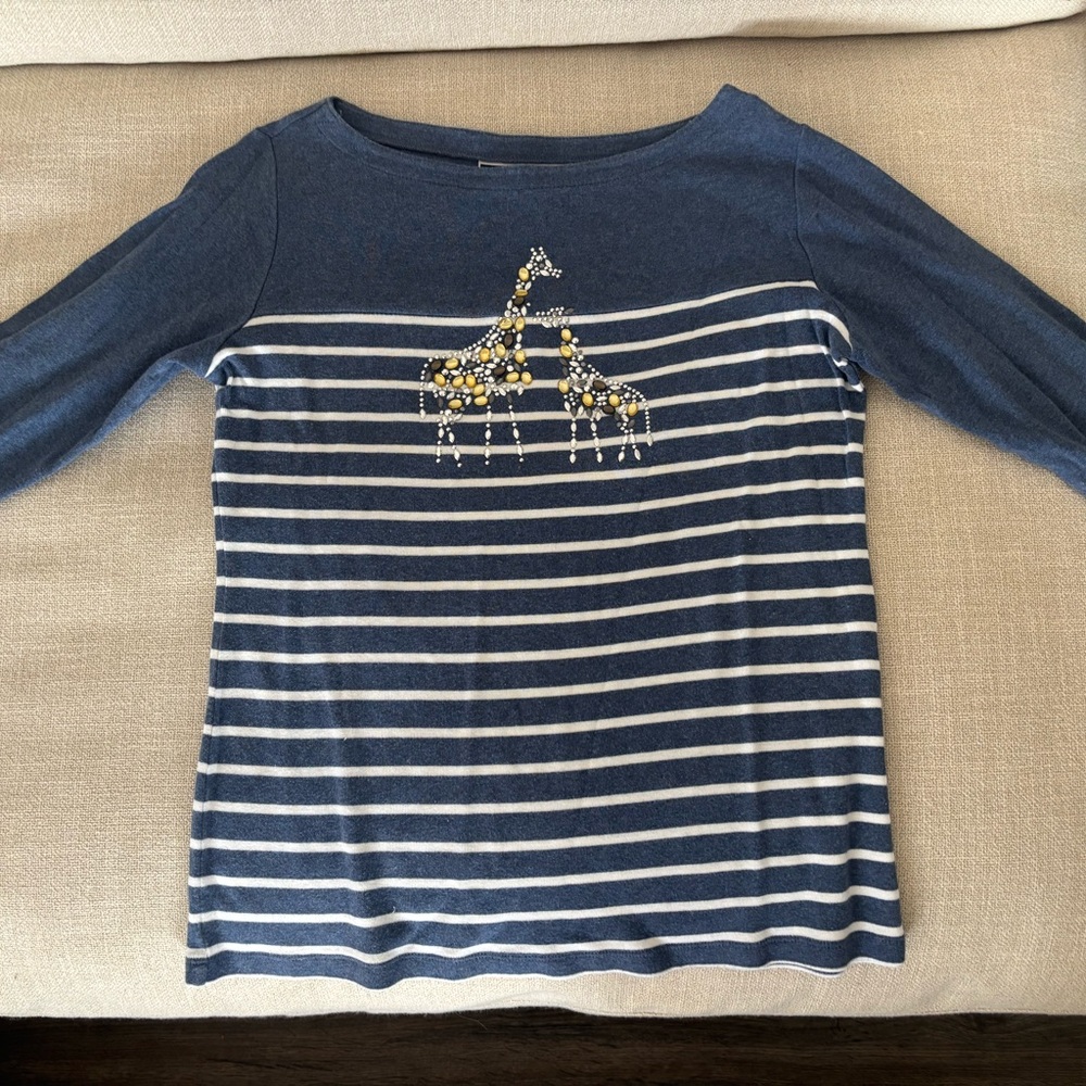 Karen Scott Navy Striped Long Sleeve with Beaded Giraffe Design